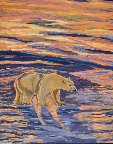 Painting of a polar bear walking on water with a colorful, wavy background